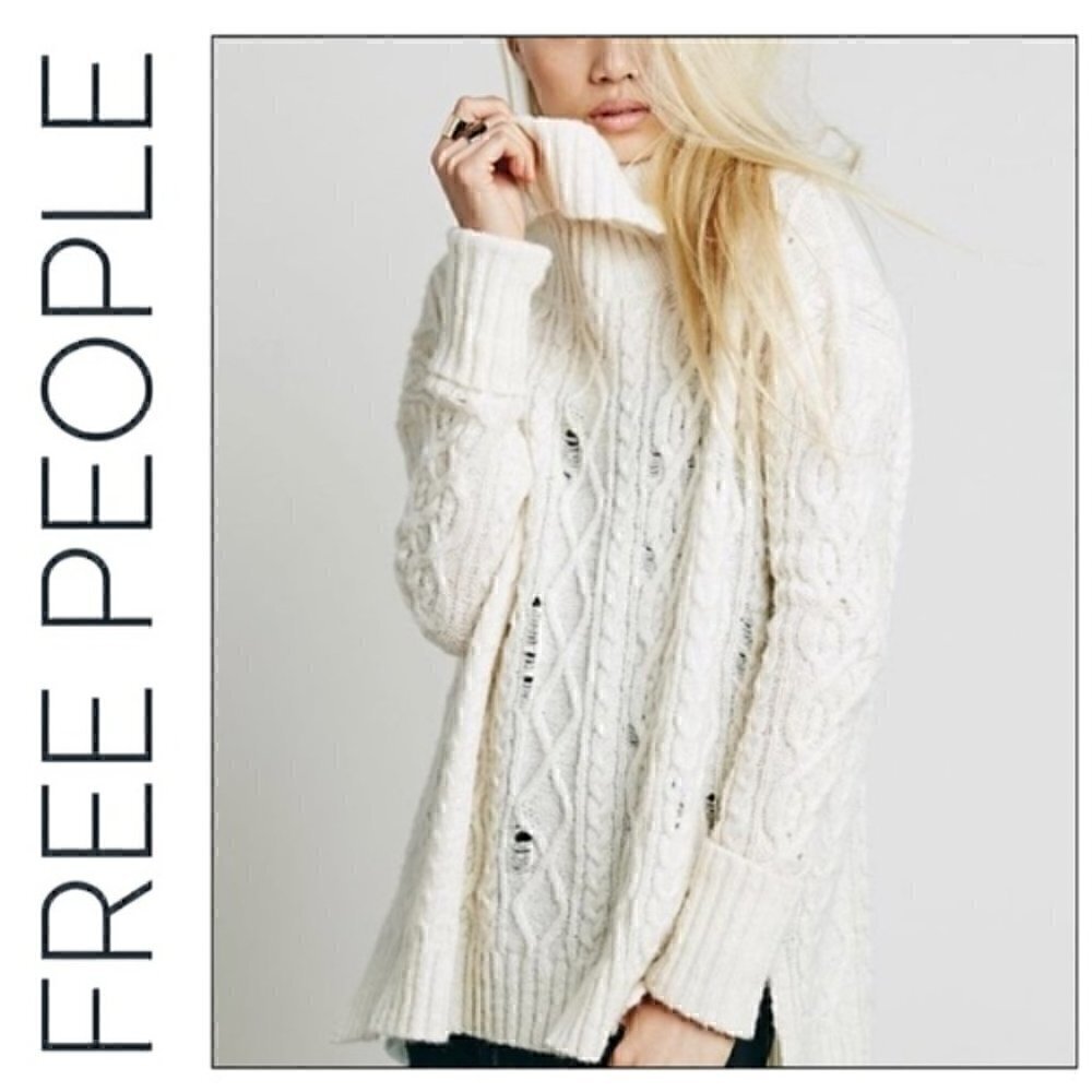 Free People Ivory Complex Cable Distressed Cowl Sweater NWOT Size Small